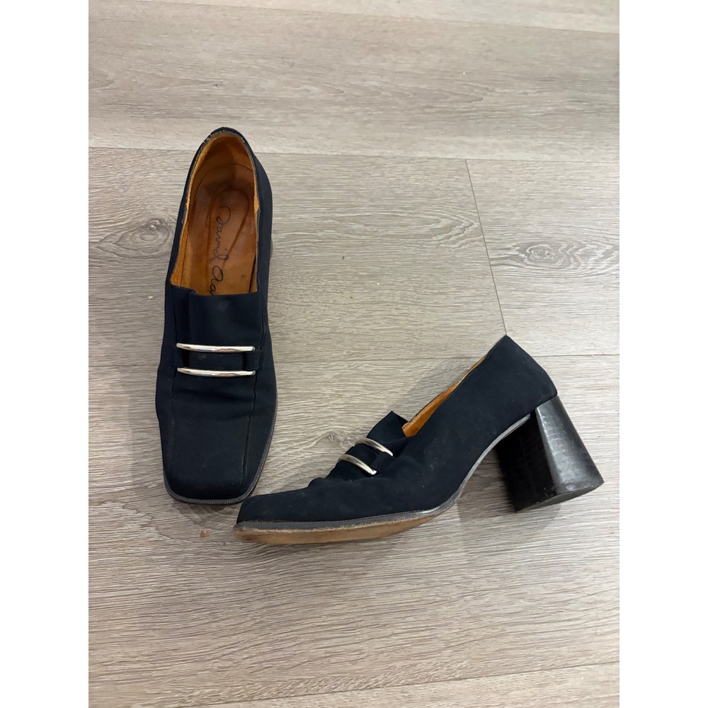 David Aaron Black Square Toe Block Heel Loafers Silver Bar Spain Leather 8.5M